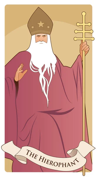 Major Arcana Tarot Cards. The Hierophant. Pope with white beard and miter with stars, holding a golden crosier, blessing with his right hand. — Stock Vector