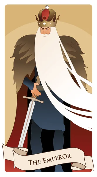 Suuret Arcana Tarot kortit. Keisari. Mies, jolla on kruunu ja pitkä valkoinen parta, turkisviitta ja miekka vyötäröllä — vektorikuva