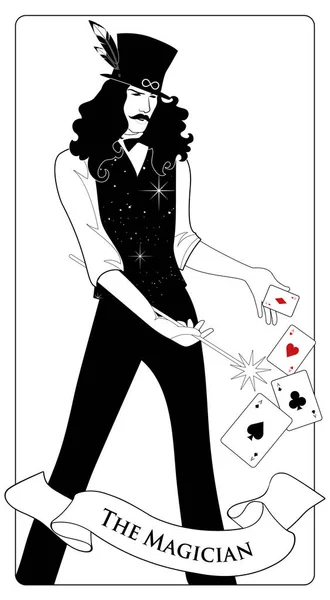 阿尔卡纳·塔罗牌少校。带着胡子和顶帽子的魔术师拿着魔杖用扑克牌做魔术. — 图库矢量图片