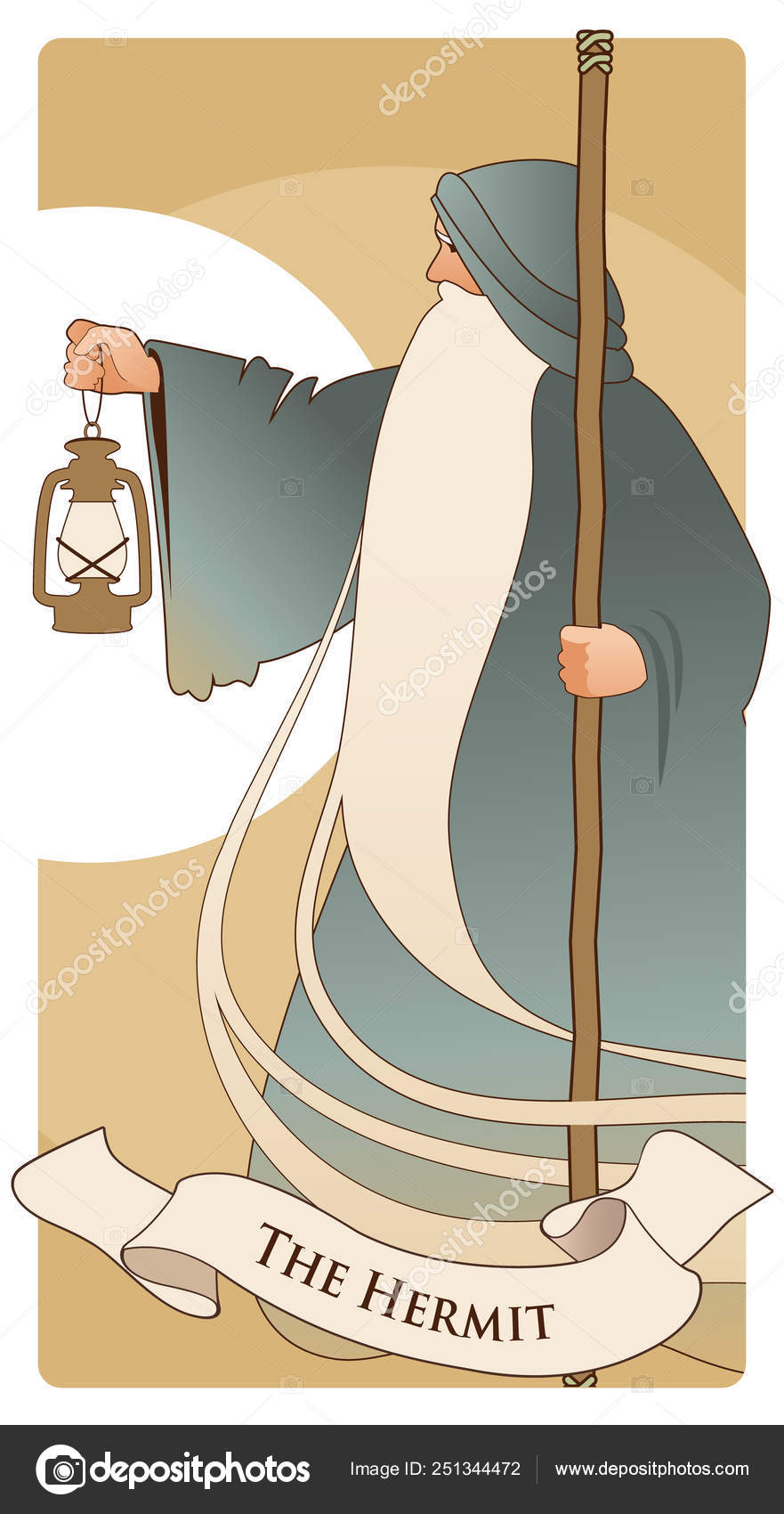 Major Arcana Tarot Cards. The Hermit. Old man with a long beard, wearing a  long hooded robe, leaning on a staff and illuminating his path with an old  lamp. Stock Vector Image