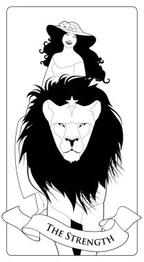 Major Arcana Tarot kartları. Gücü. Evcil bir aslan arkasında bir çiçek ve sonsuzluk sembolü ile süslenmiş bir şapka giymiş güzel ve genç kız sürme.