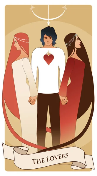 Die wichtigsten Arcana-Tarotkarten. die Liebenden. junger Mann, der zwei schöne Frauen an der Hand hält. T-Shirt mit Herz auf der Brust und Pfeil und Bogen auf dem Kopf. — Stockvektor