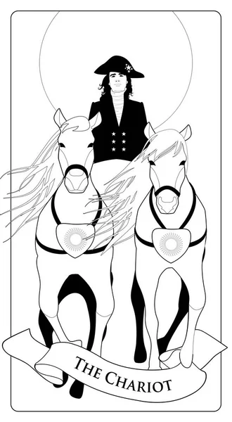 Major Arcana tarotových karet. Kočár. Sluneční vůz tažený dvěma koňmi a řízena elegantní Kočí v livreji a čepice. — Stockový vektor