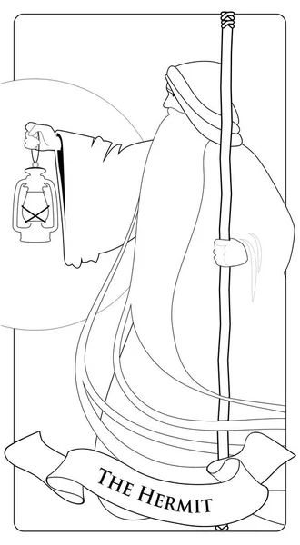 주요 아 케 타로 카드입니다. 소라입니다. 늙은이 긴 수염과 긴 후드 가운 입고, 직원에 기대 고 그의 경로 오래 된 램프와 조명. — 스톡 벡터