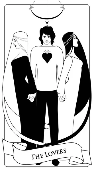 Cartas del Tarot Mayor Arcana. Los Amantes. Joven sosteniendo a dos hermosas mujeres de la mano. Camiseta con corazón en el pecho y arco y flecha en la cabeza . — Vector de stock