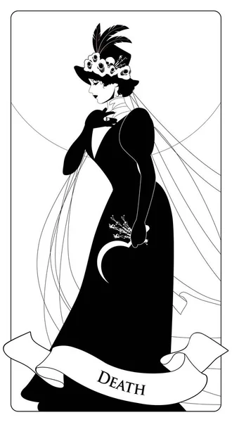 Major Arcana Tarot Cards. A morte. Mulher vestida com véus e roupas de viúva antiga carregando uma foice e um ramo de flores em uma mão. Chapéu decorado com penas, rosas e crânio . — Vetor de Stock