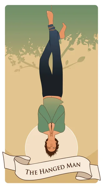 Major Arcana Tarot Cards. The Hanged Man. Man hanging from a tree, face down, subject of the right foot, with praying hands — Stock Vector
