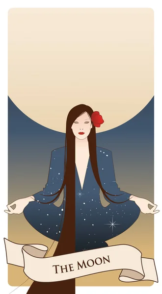 Major Arcana Tarot Cards. La Luna. Bella ragazza che medita in posizione di loto e luna piena sullo sfondo. Vestiti di costellazione, lunghi capelli scuri e fiori rossi nei capelli . — Vettoriale Stock