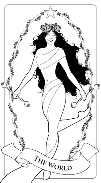 Major Arcana Tarot Cards.The World (em inglês). Menina dançarina bonita, com cabelos longos, dançando através de uma grinalda de flores . — Vetor de Stock