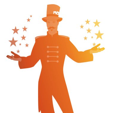 Bıyıkları ile törenleri Master siluetleri, üst şapka giymiş oyun kartları ile süslenmiş, elinde yıldız gösteren, beyaz arka planda izole