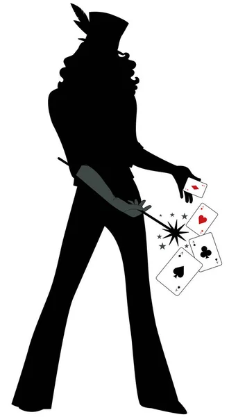 Silhouette de magicien portant un chapeau haut de forme, tenant une baguette magique faisant de la magie avec des cartes à jouer, isolé sur fond blanc — Image vectorielle