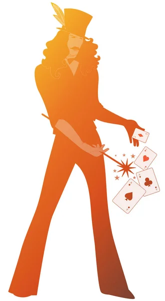 Silhouette de magicien portant un chapeau haut de forme, tenant une baguette magique faisant de la magie avec des cartes à jouer, isolé sur fond blanc — Image vectorielle