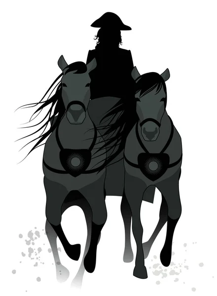 Σιλουέτα από άρμα που τράβηξε δύο άλογα και οδηγείται από έναν αμαξά που φοράει παλιό καπέλο απομονωμένο σε λευκό φόντο — Διανυσματικό Αρχείο