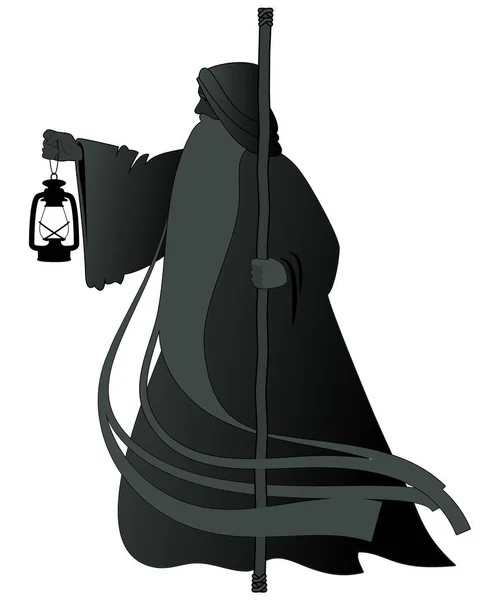 Silhouette of old man with a long beard, wearing a long hooded robe, leaning on a staff and illuminating his path with an old lamp. Isolated on white background — Stock Vector