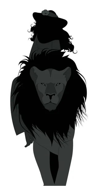 Silhouettes of girl wearing a hat adorned with a flower, riding on the back of a domesticated lion, isolated on white background of girl wearing a hat adorned with a flower, riding — Stock Vector