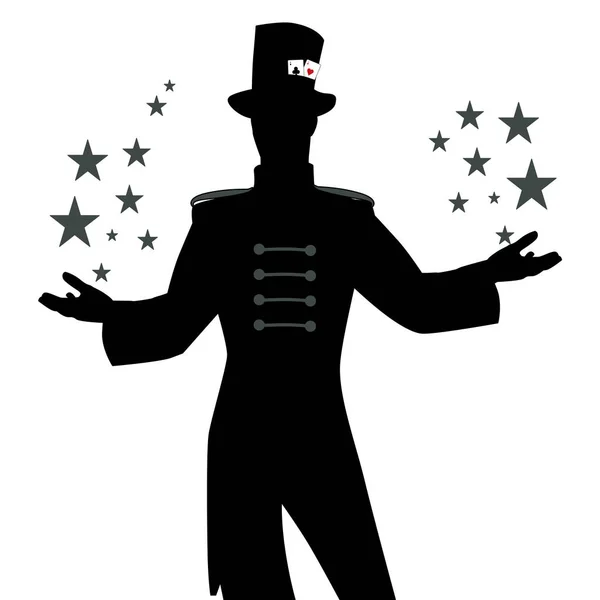 Silhouetten van de kapitein van ceremonies met snor, het dragen van Top Hat versierd met speelkaarten, met sterren in zijn handen, geïsoleerd op witte achtergrond — Stockvector