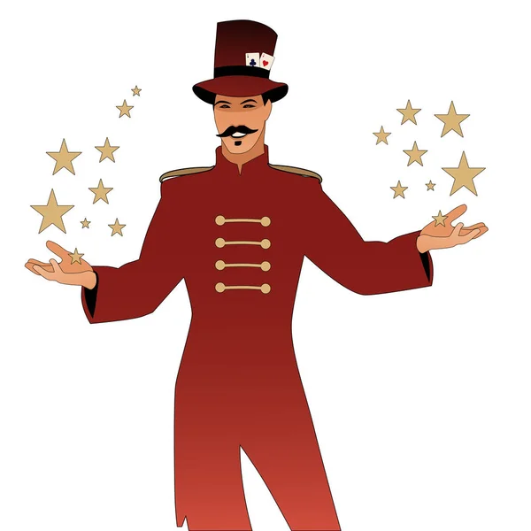 Master of ceremonies with mustache, wearing top hat adorned with playing cards, showing stars in his hands, isolated on white background — Stock Vector