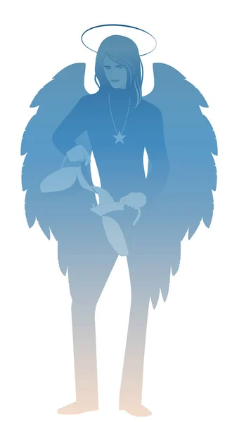 Silueta anděla s vzezření a oblečením mladého muže, velkých křídel, vlasových vlasů, nalévání vody z jedné konvice do druhé. Izolované na bílém pozadí — Stockový vektor