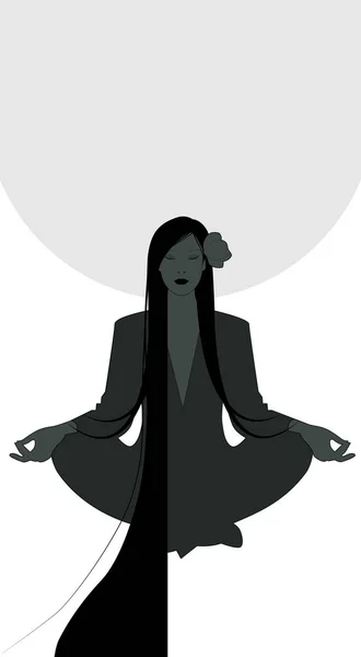 Silhueta de menina meditando na posição de lótus e lua cheia no fundo. Isolado sobre fundo branco — Vetor de Stock