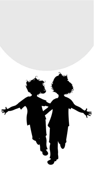 Sylwetki dwóch szczęśliwych chłopców biegną z otwartymi ramionami przed słońcem. Izolowane na białym tle — Wektor stockowy