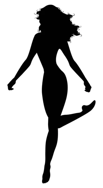 Silhouet van danseres meisje, met lang haar, springen en dansen geïsoleerd op witte achtergrond — Stockvector