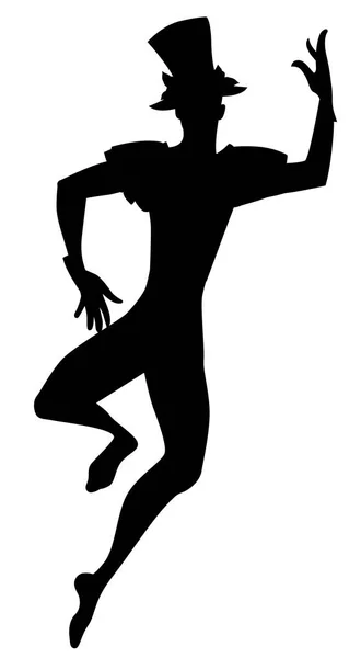 Silhouette des Tänzers Joker mit Zylinderhut tanzen isoliert auf weißem Hintergrund — Stockvektor