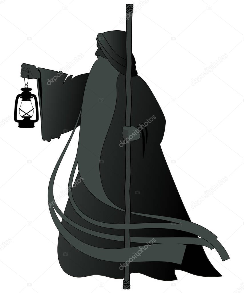 Silhouette of old man with a long beard, wearing a long hooded robe, leaning on a staff and illuminating his path with an old lamp. Isolated on white background