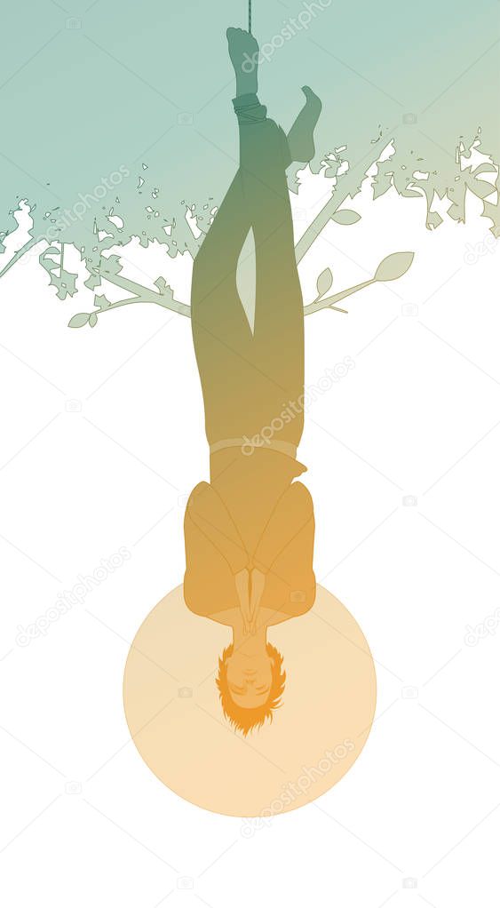 Silhouette of hanged man from a tree, face down, subject of the right foot, with praying hands, isolated on white background