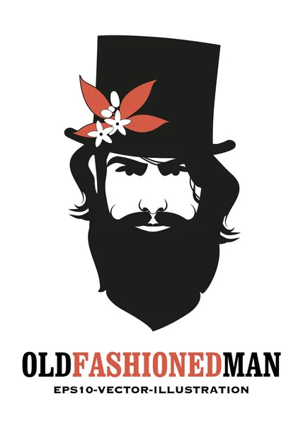 Beyaz arka planda izole çiçekler ve yaprakları ile süslenmiş bir üst şapka giymiş sakallı adam — Stok Vektör