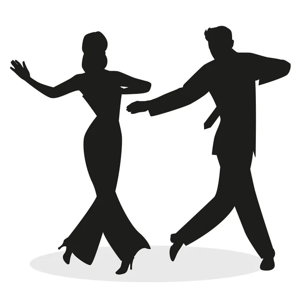 Silhouette di giovane coppia vestita con abiti retrò, tip tap danzante, swing o Broadway, isolata su sfondo bianco — Vettoriale Stock