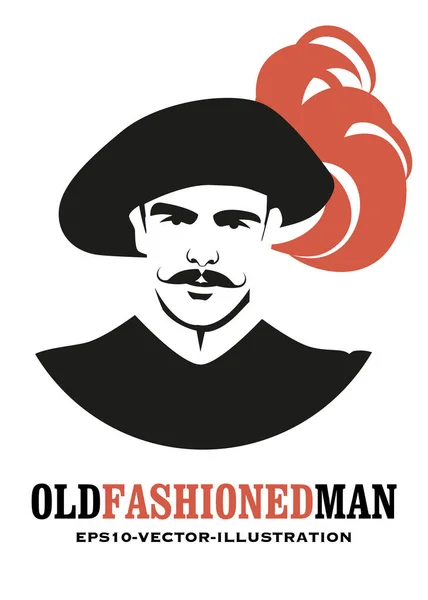 Homem mustached, no estilo velho, com um chapéu velho adorned com penas —  Vetores de Stock