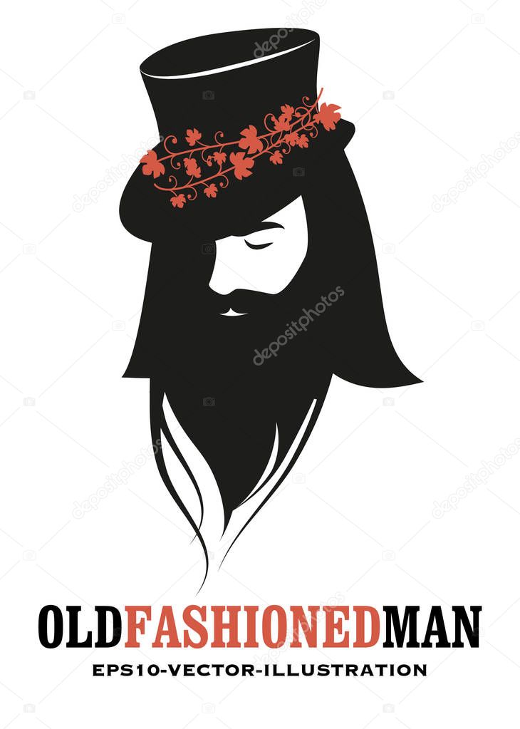 Bearded man wearing a top hat decorated with leaves isolated on white background