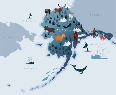 Hayvanlar, eskimolar, ormanlar, dağlar, avcılar, tekneler, balıklar ve balıkçılar ile Alaska Haritası