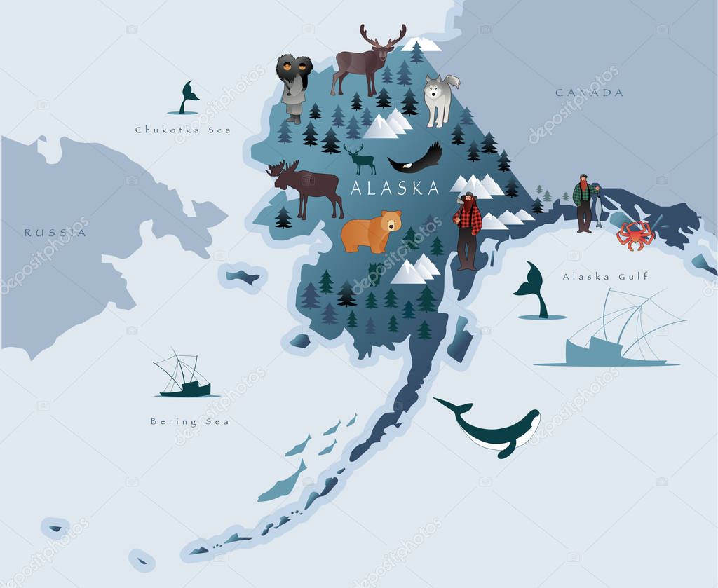 Map of Alaska with animals, eskimos, forests, mountains, hunters, boats, fish and fishermen