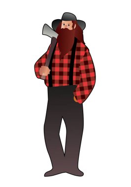 Uzun sakal ve balta ile karikatür tarzında Lumberjack adam, şapka ve ekose gömlek beyaz arka plan izole giyiyor