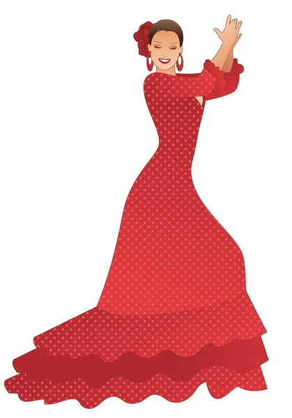 スペインのフラメンコダンサーの女性は 白い背景に隔離された彼女の髪のダンスでフラメンコドレスと花を身に着けている ストックベクター C Lainspiratriz