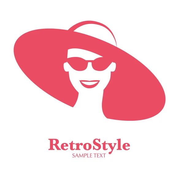 Icono o avatar de mujer sonriente con sombrero y gafas de sol estilo retro, aislado sobre fondo blanco — Vector de stock