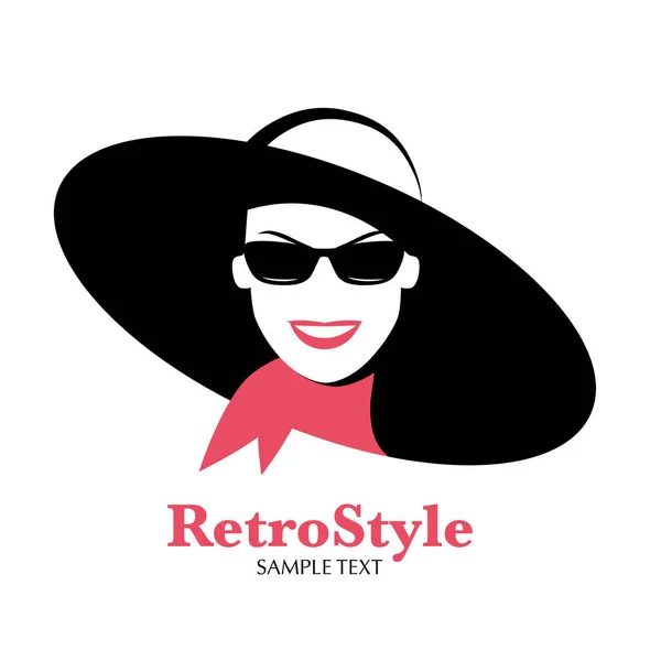 Icono o avatar de mujer sonriente con sombrero, gafas de sol y pañuelo en el cuello en estilo retro, aislado sobre fondo blanco — Vector de stock