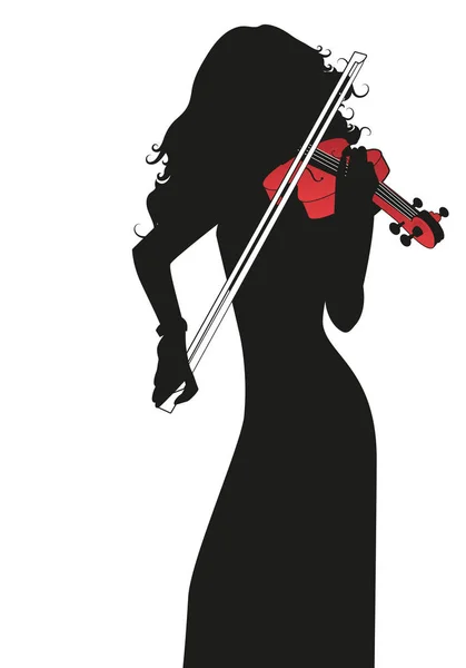 Beyaz arka planda izole edilmiş kırmızı keman çalan kadın kemancının silueti — Stok Vektör