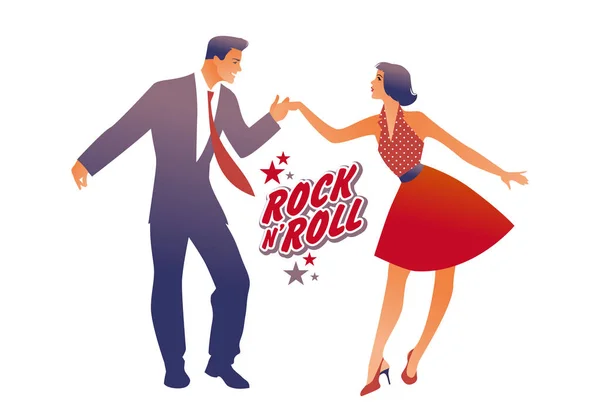 Menina bonita vestindo vestido retro vermelho e homem bonito dançando rock, rockabilly, swing ou lindy hop —  Vetores de Stock