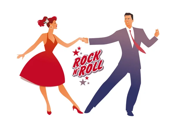 Wunderschönes Mädchen in rotem Retro-Kleid und gutaussehendem Mann, der Rock, Rockabilly, Swing oder Lindy Hop tanzt — Stockvektor