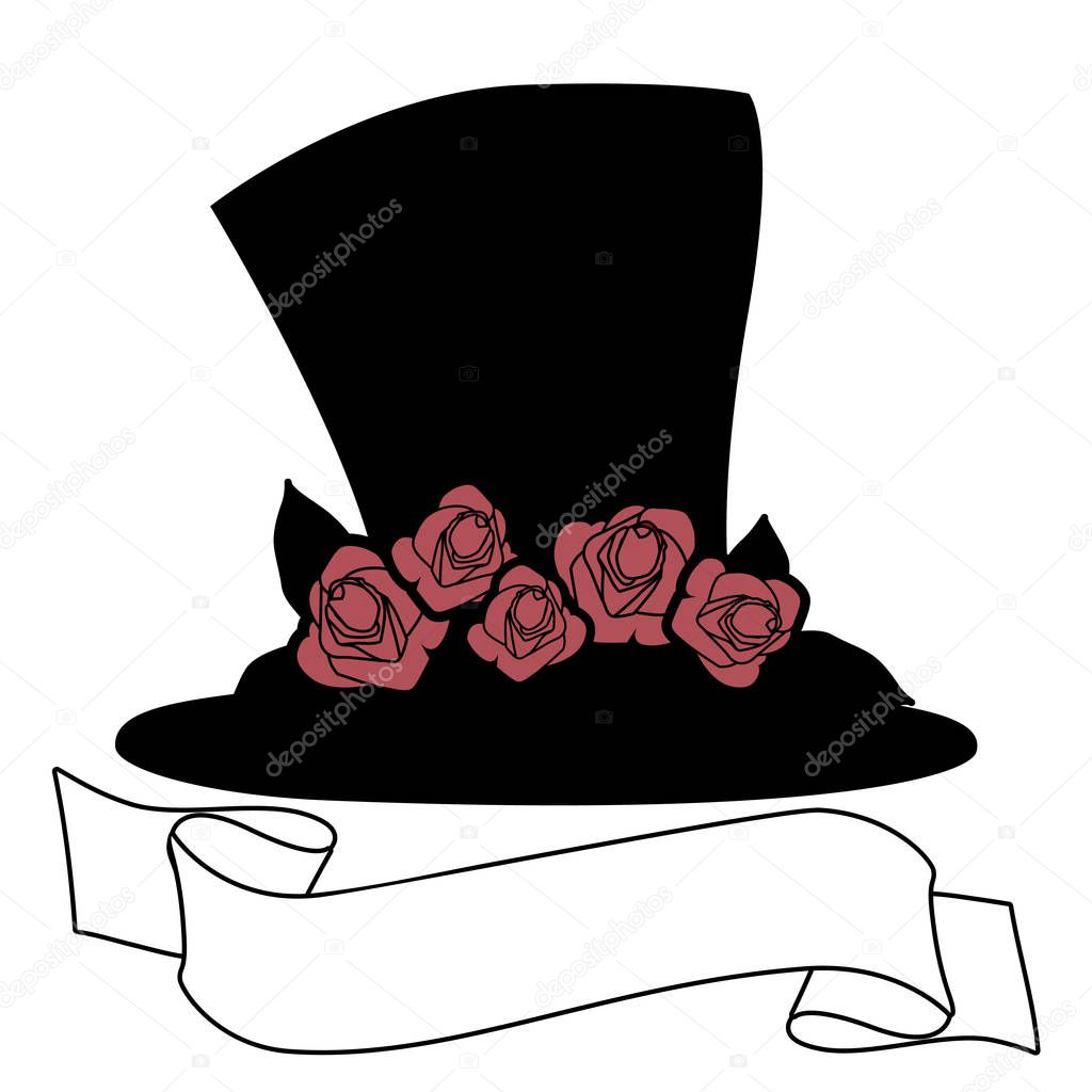 Hat with red roses and banner text. Isolated on white background