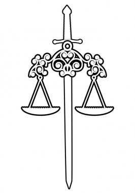 Adaletin sembolleri. Beyaz arka planda izole edilmiş ölçek ve kılıç