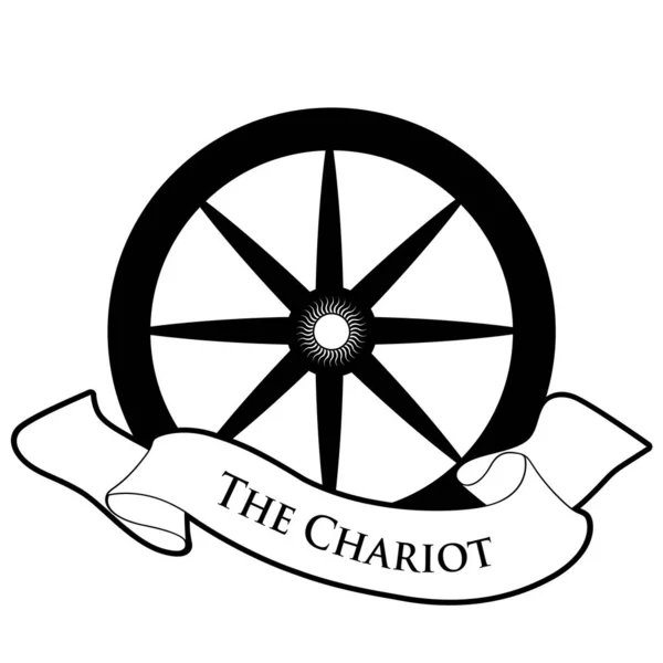 Tarot Card concept. De Chariot. Cart Wheel en tekst banner geïsoleerd op witte achtergrond — Stockvector