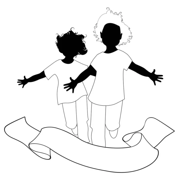 Dwa szczęśliwe bliźniacze chłopcy biegali z otwartymi ramionami i tekstem baneru na białym tle — Wektor stockowy
