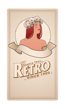 Retro label with pretty girl adorned with flowers and empty text banner and sample text. Vintage style clipart
