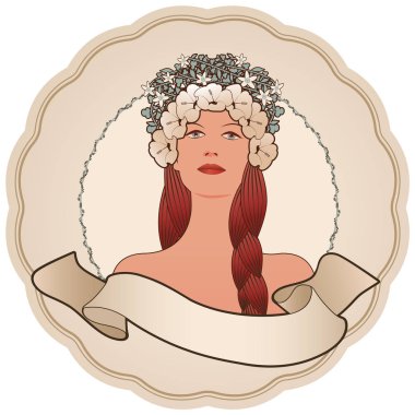 Çiçekler ve boş metin afiş ile süslenmiş güzel kız ile Dairesel retro etiket. Vintage tarzı