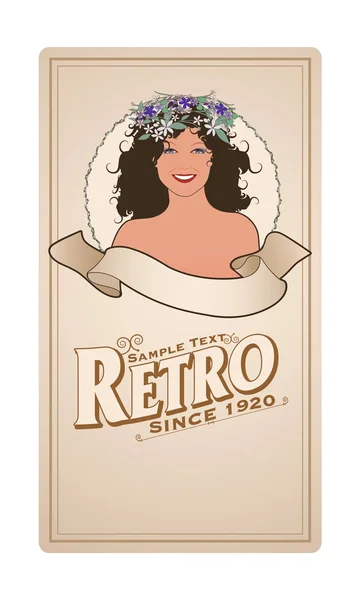 Etiqueta retro con chica bonita adornada con flores y banner de texto vacío y texto de muestra. Estilo vintage — Vector de stock