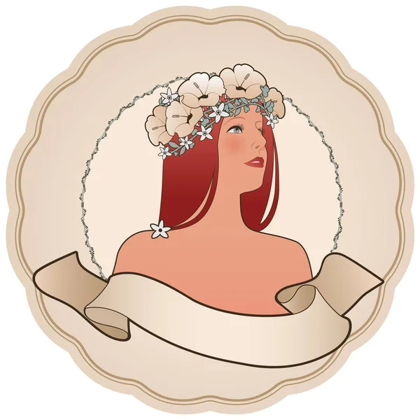 Etiqueta circular retro con chica bonita decorada con flores y banner de texto vacío. Estilo vintage — Archivo Imágenes Vectoriales