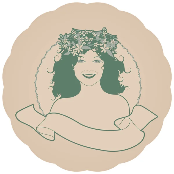 Etiqueta circular retro con chica bonita decorada con flores y banner de texto vacío. Estilo vintage — Archivo Imágenes Vectoriales
